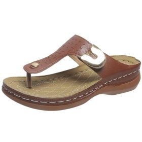 Lucyever Fashion Metal Decoration Wedges Slippers Women 2022 Summer Clip Toe Sandals Woman Plus Size Thick Sole Flip Flops 43 (Color: Brown, size: 37)
