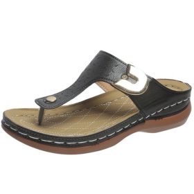 Lucyever Fashion Metal Decoration Wedges Slippers Women 2022 Summer Clip Toe Sandals Woman Plus Size Thick Sole Flip Flops 43 (Color: Black, size: 43)