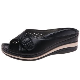 Lucyever New Plus Size 43 Wedges Slippers Women 2022 Summer Buckle Peep Toe Sandals Woman Comfy Non Slip Beach Flip Flops Female (Color: Black, size: 43)