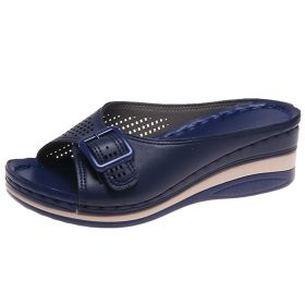 Lucyever New Plus Size 43 Wedges Slippers Women 2022 Summer Buckle Peep Toe Sandals Woman Comfy Non Slip Beach Flip Flops Female (Color: dark blue, size: 39)