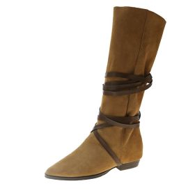 Lucyever Flock Pointed Toe Womens Mid Calf Boots 2022 Fashion Slip on Square Heels Shoes Women Cross Strap Long Boots Female (Color: ka qi lv, size: 36)