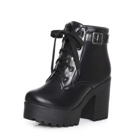 Vintage Buckle Thick Heel Short Boots Square Heel Women Platform Ankle Boots Fashion Pu Lace Up Short Boots Big Size 896 (Color: Black, size: 43)