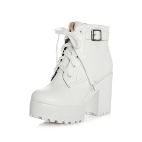 Vintage Buckle Thick Heel Short Boots Square Heel Women Platform Ankle Boots Fashion Pu Lace Up Short Boots Big Size 896 (Color: White, size: 34)
