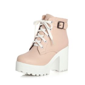 Vintage Buckle Thick Heel Short Boots Square Heel Women Platform Ankle Boots Fashion Pu Lace Up Short Boots Big Size 896 (Color: Beige, size: 34)